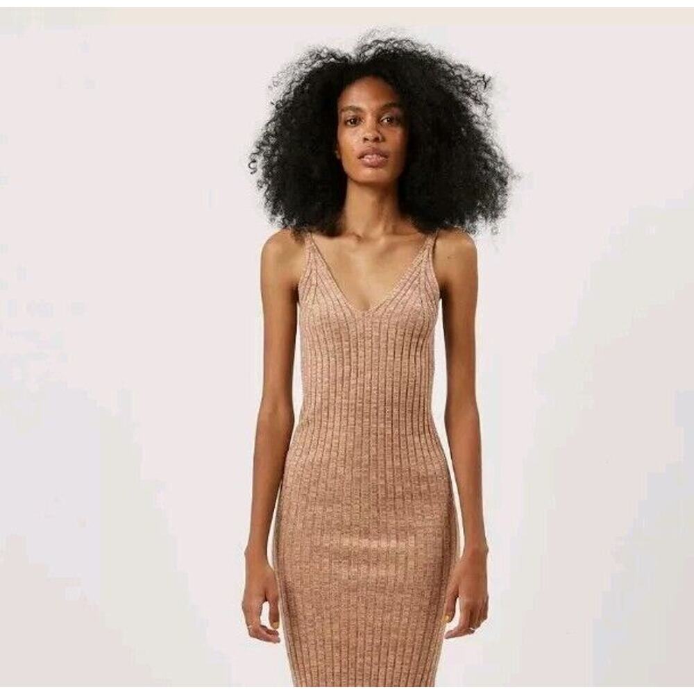 NWT Forever 21 Soft Sweater V-neck Tank Top Mini DRESS SMALL Gold FURRY Holiday